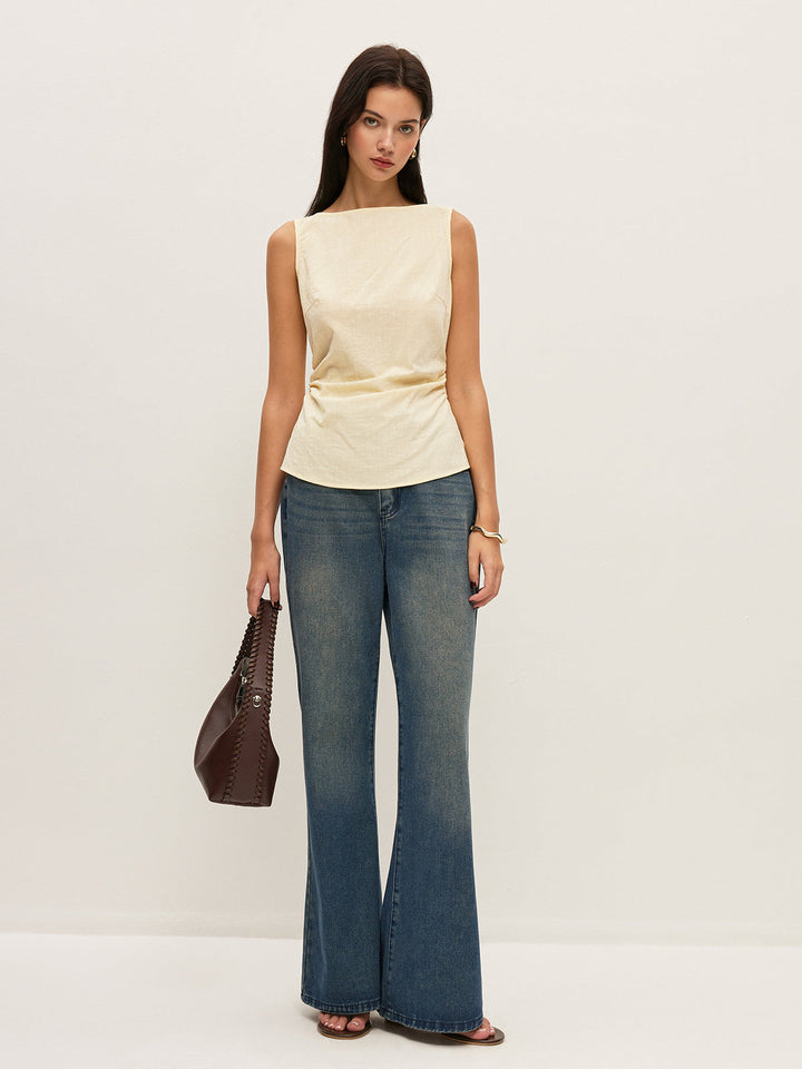 Baumwoll-Bluse mit Carmen-Ausschnitt, geraffter Taille und ärmellosem Design
