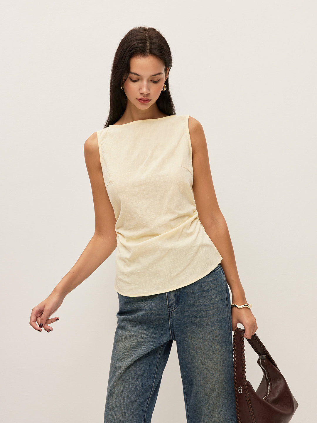 Baumwoll-Bluse mit Carmen-Ausschnitt, geraffter Taille und ärmellosem Design