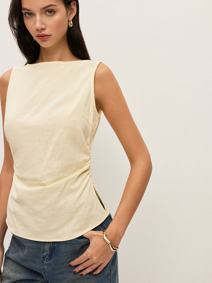Baumwoll-Bluse mit Carmen-Ausschnitt, geraffter Taille und ärmellosem Design