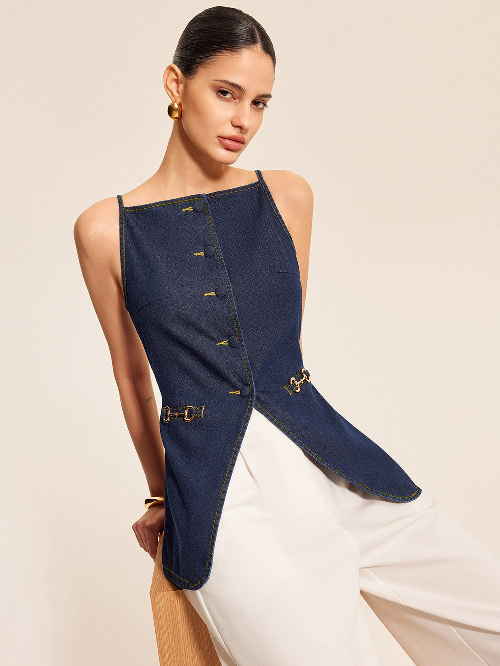 Button Detail Denim Shorts Set Mit Schnallenakzenten
