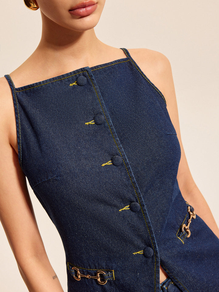 Button Detail Denim Shorts Set Mit Schnallenakzenten