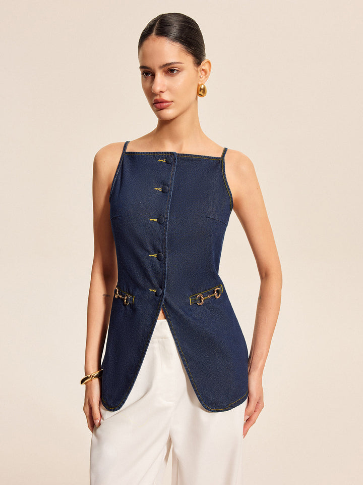 Button Detail Denim Shorts Set Mit Schnallenakzenten