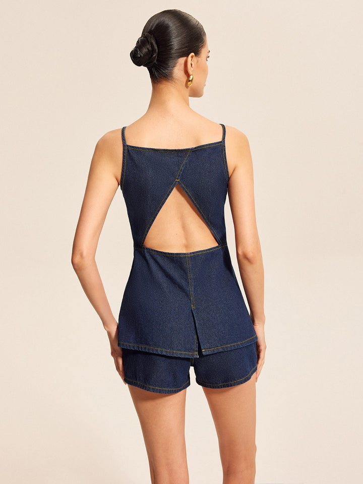 Button Detail Denim Shorts Set Mit Schnallenakzenten
