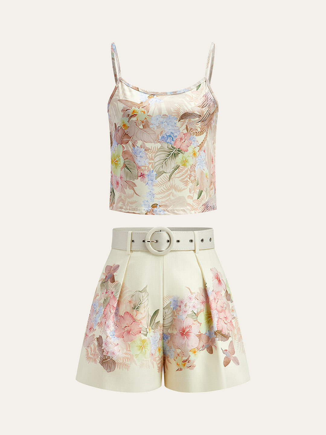 Florales Print-Shorts-Set mit Gürtel