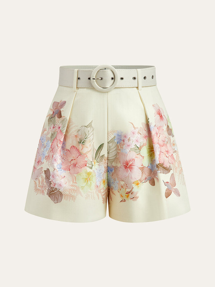 Florales Print-Shorts-Set mit Gürtel