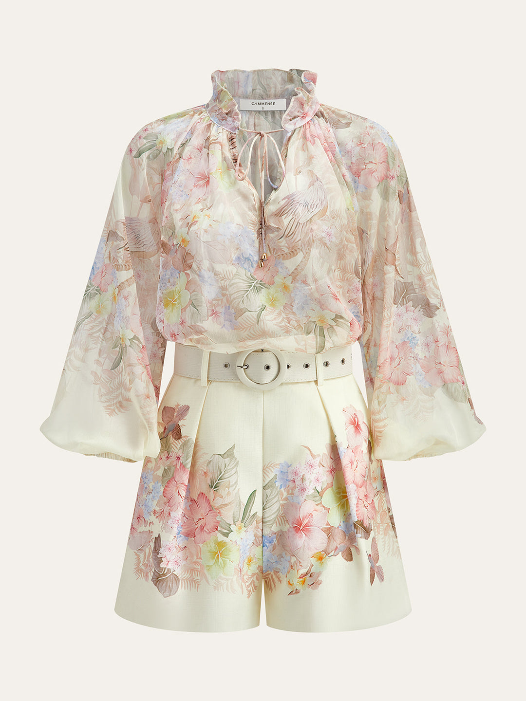 Florales Print-Shorts-Set mit Gürtel