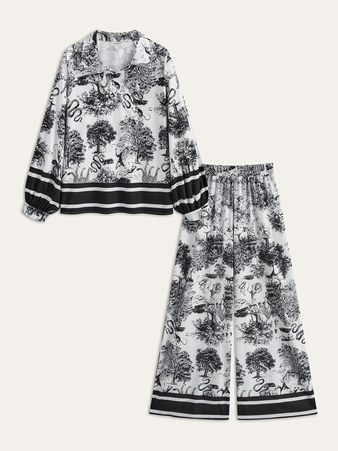 Bedruckte Hose Set Mit Gestreifter Paspel