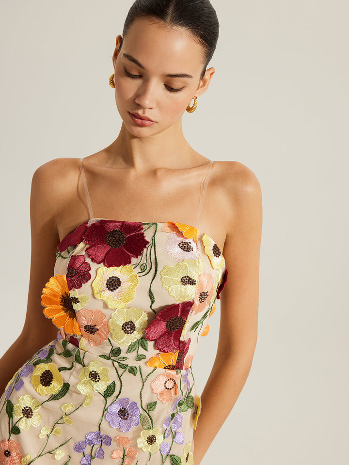 Gesticktes Blumenkleid Mit Klaren Trägern