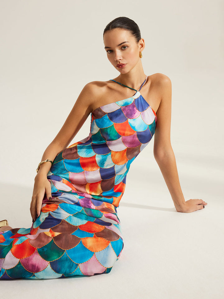 Buntes Schuppenmuster Neckholder-Kleid