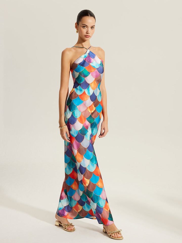 Buntes Schuppenmuster Neckholder-Kleid