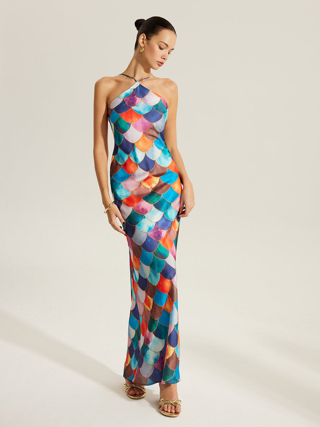 Buntes Schuppenmuster Neckholder-Kleid