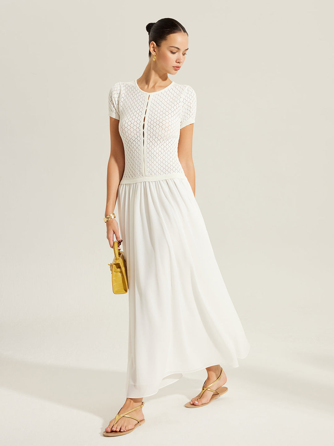 Sheer-Panel Button-Front Strickkleid
