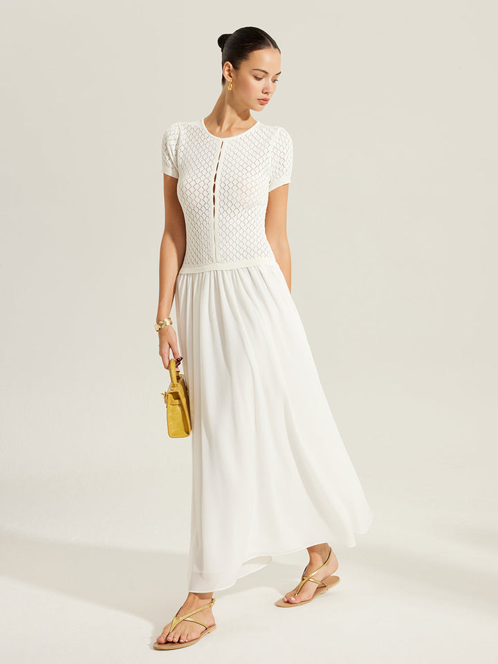 Sheer-Panel Button-Front Strickkleid