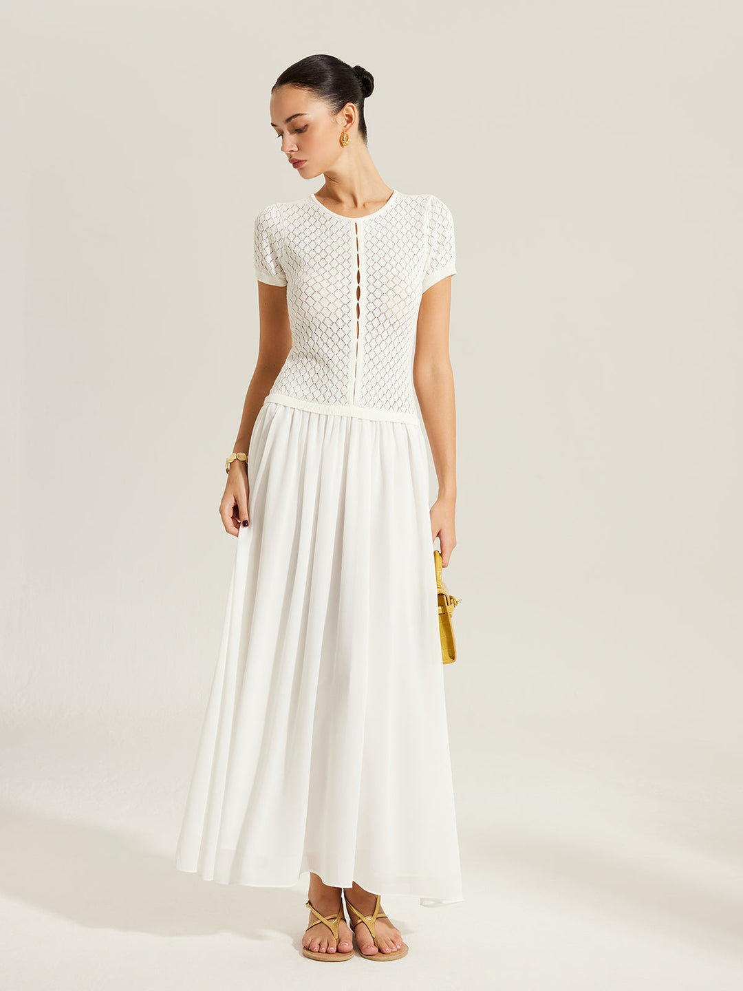 Sheer-Panel Button-Front Strickkleid
