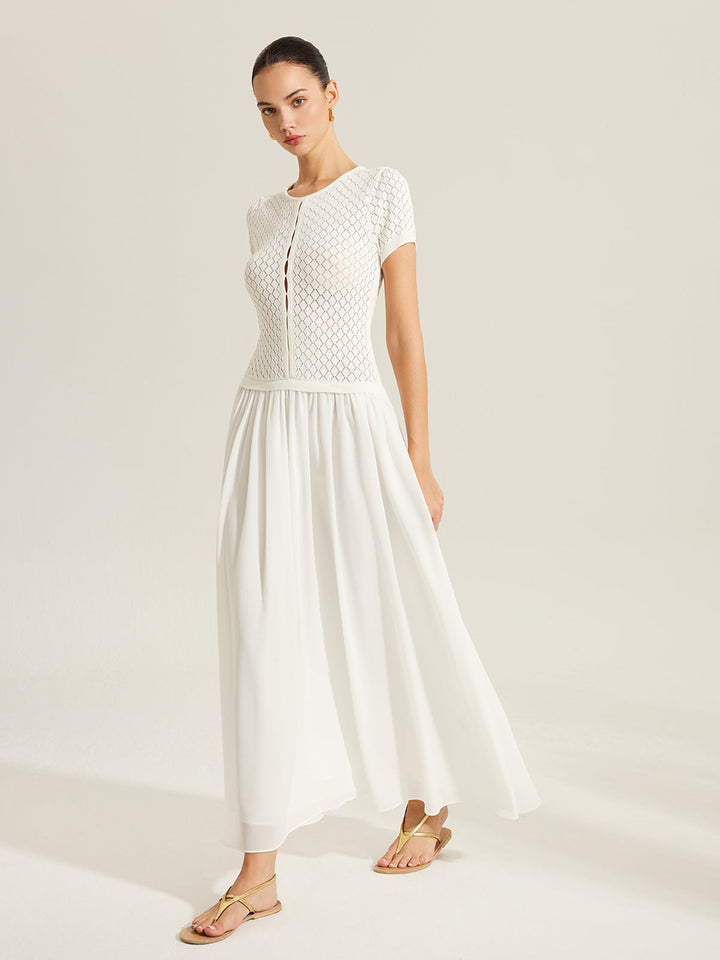 Sheer-Panel Button-Front Strickkleid