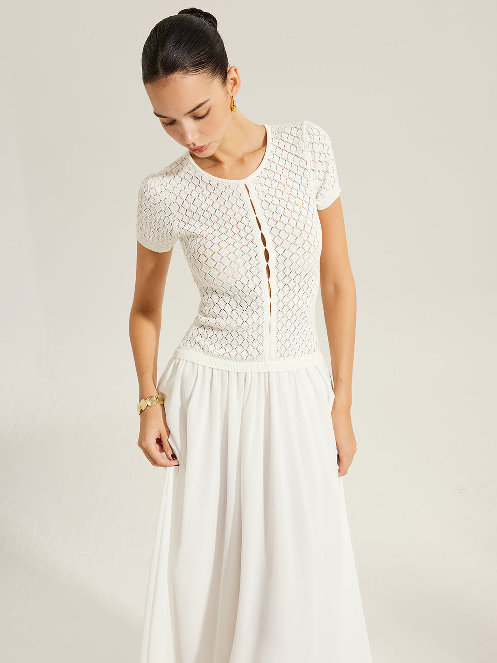 Sheer-Panel Button-Front Strickkleid