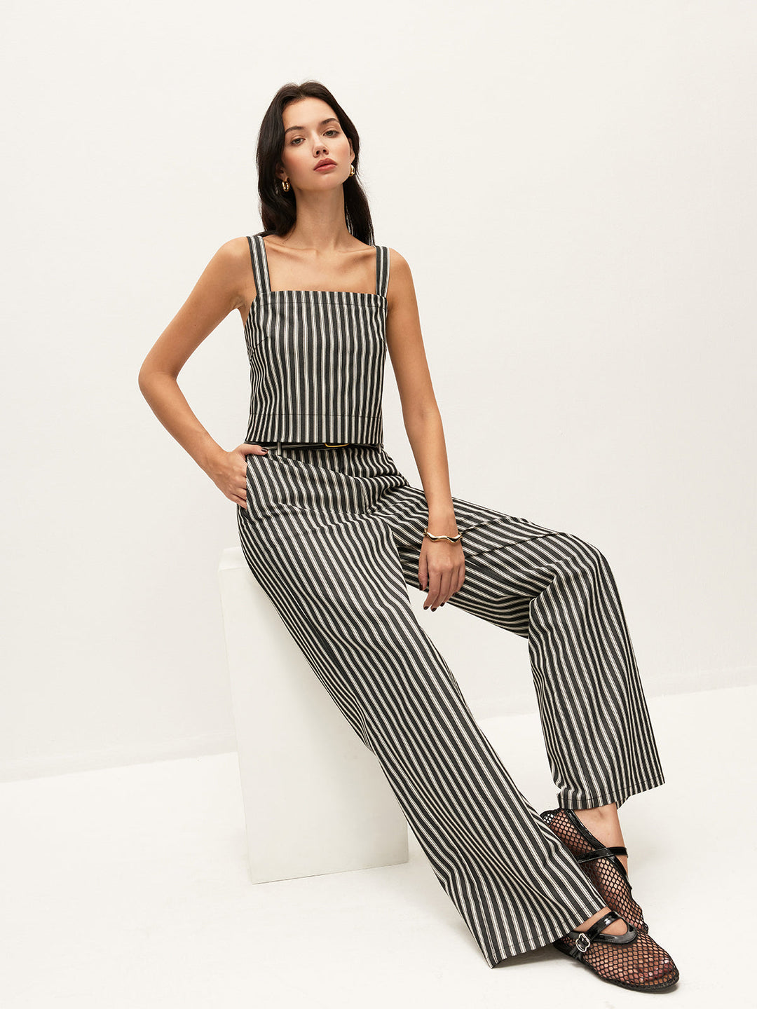 Mid-Waist Gestreifte Hose mit Taschen Ohne Gürtel