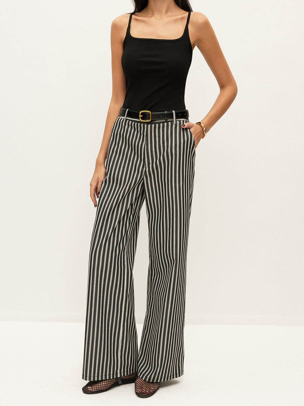 Mid-Waist Gestreifte Hose mit Taschen Ohne Gürtel