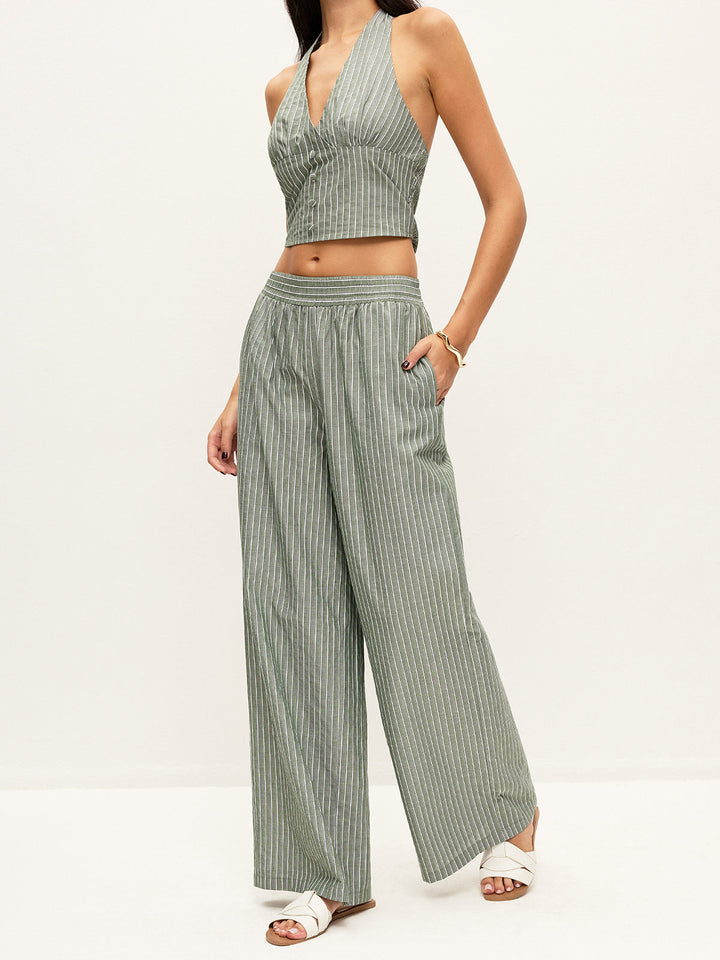 Gestreiftes Neckholder-Oberteil mit Knopfdetail und Hose Set