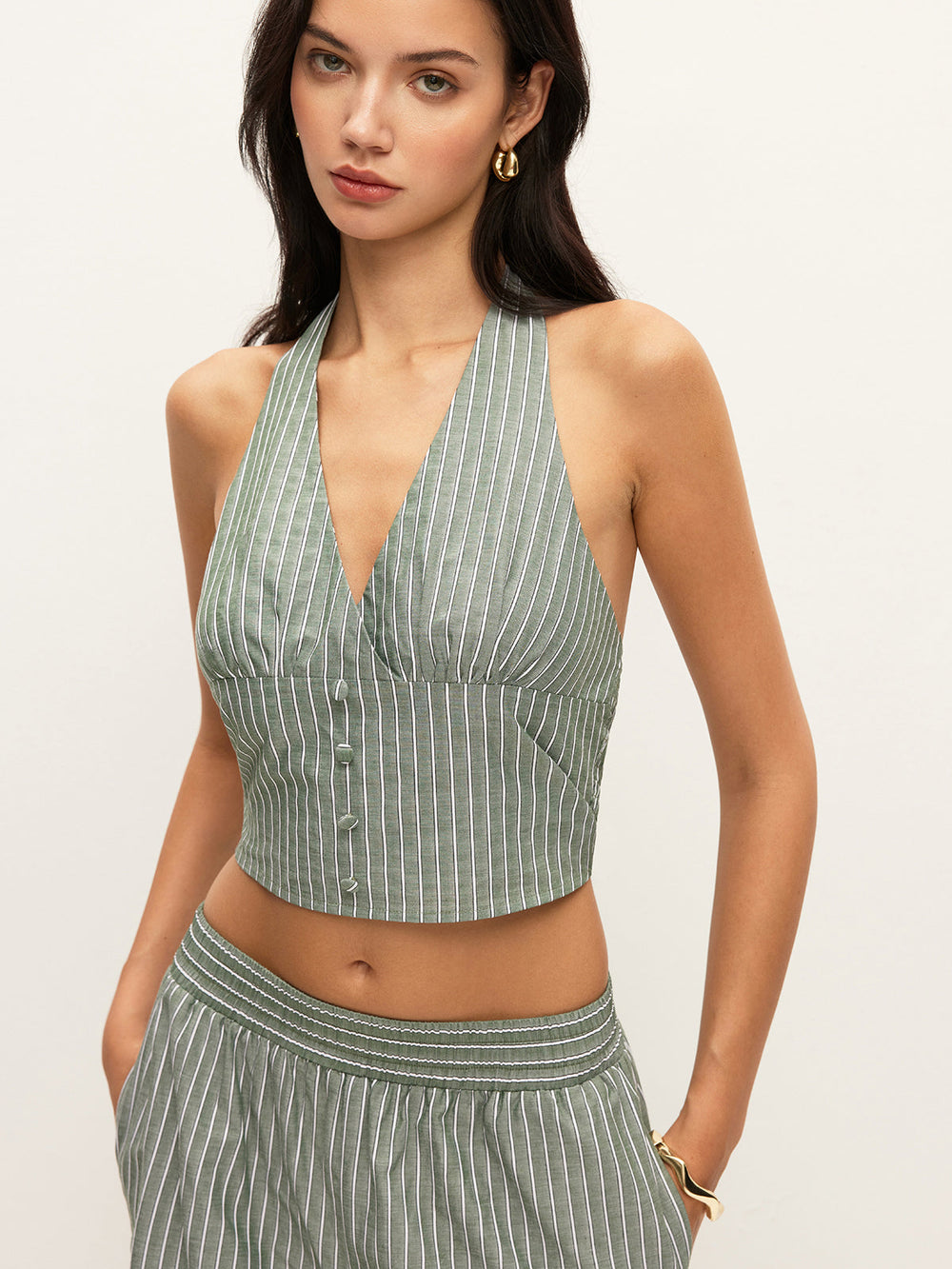 Gestreiftes Neckholder-Oberteil mit Knopfdetail und Hose Set