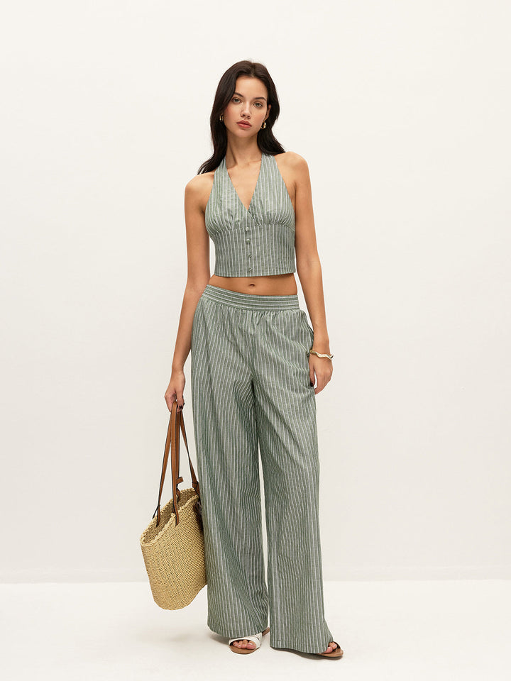 Gestreiftes Neckholder-Oberteil mit Knopfdetail und Hose Set