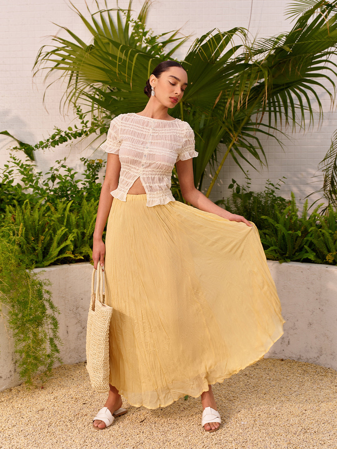 High-Waist Asymmetric Hem Crinkled Skirt