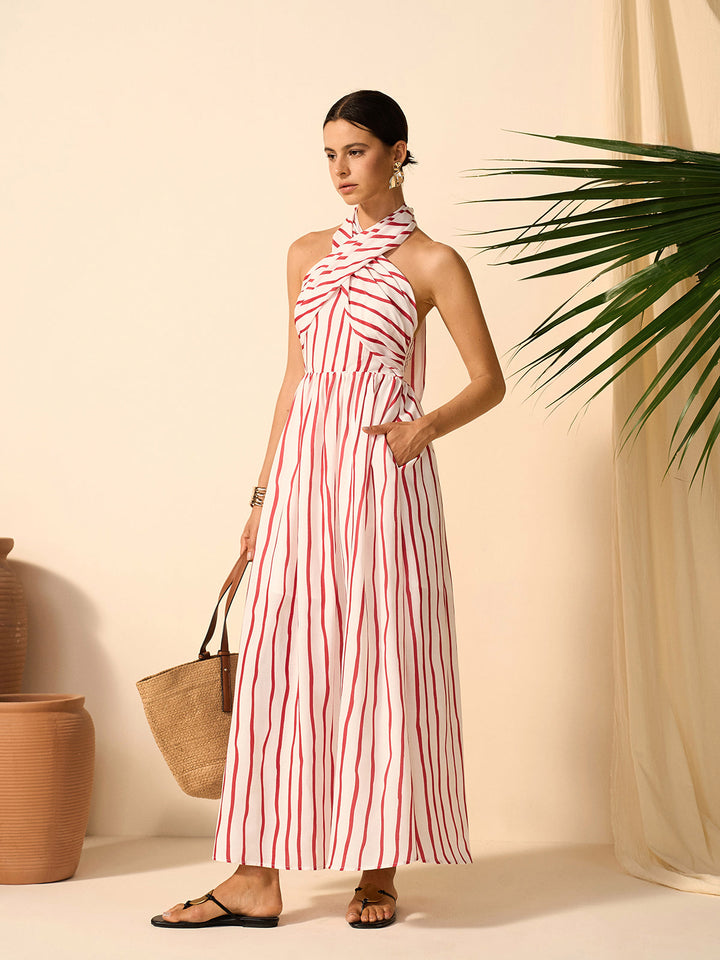 Gestreiftes Wickel-Neckholder-Kleid