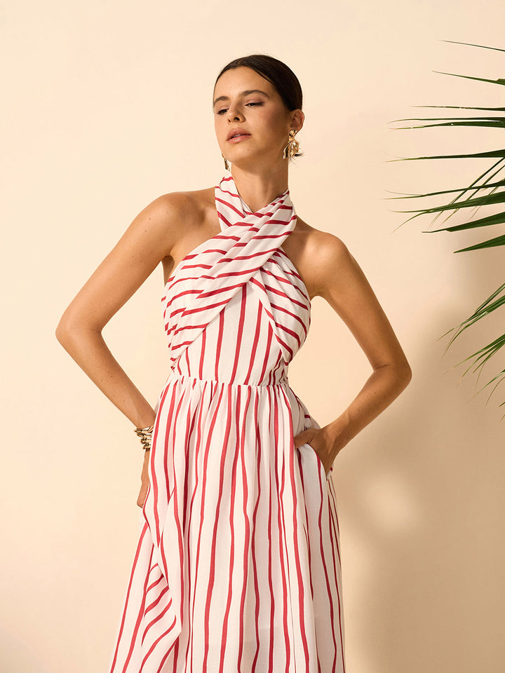 Gestreiftes Wickel-Neckholder-Kleid