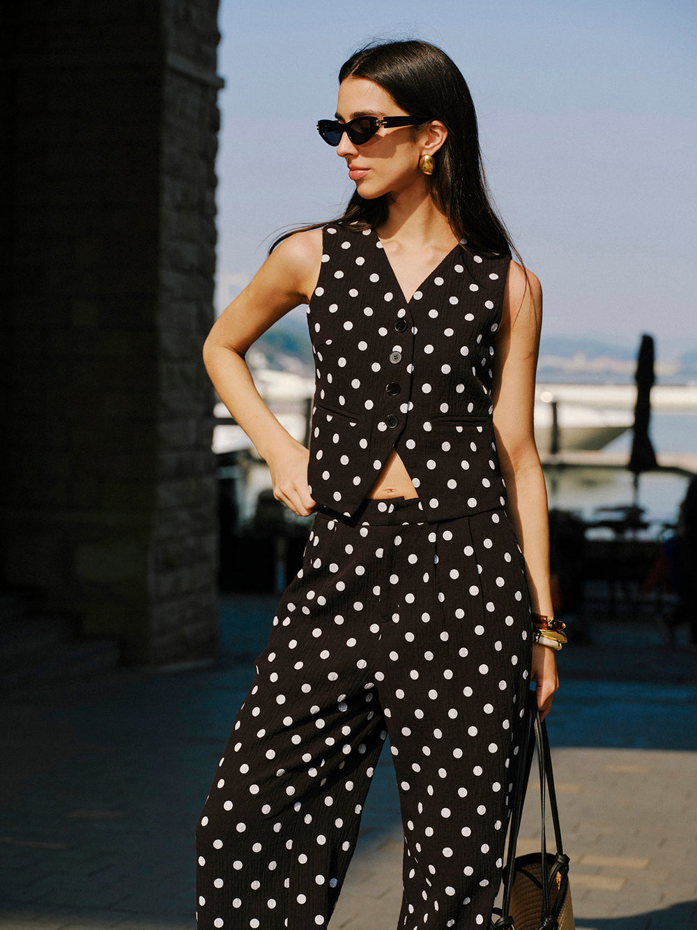Baumwoll-Polka-Dot-Weste mit Hose