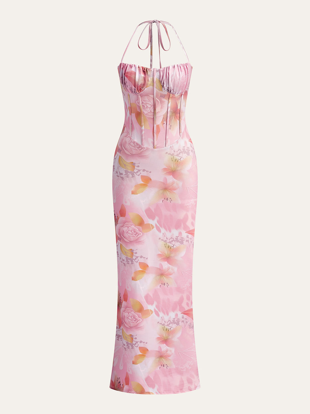 Floral Print Halter Kleid mit Korsettdetail