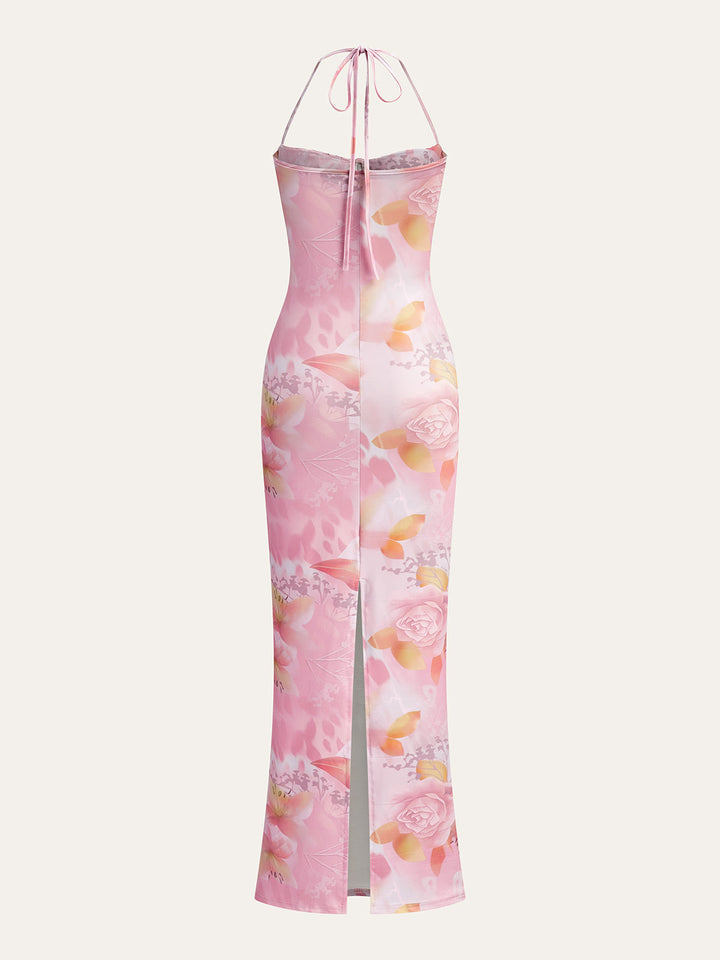 Floral Print Halter Kleid mit Korsettdetail