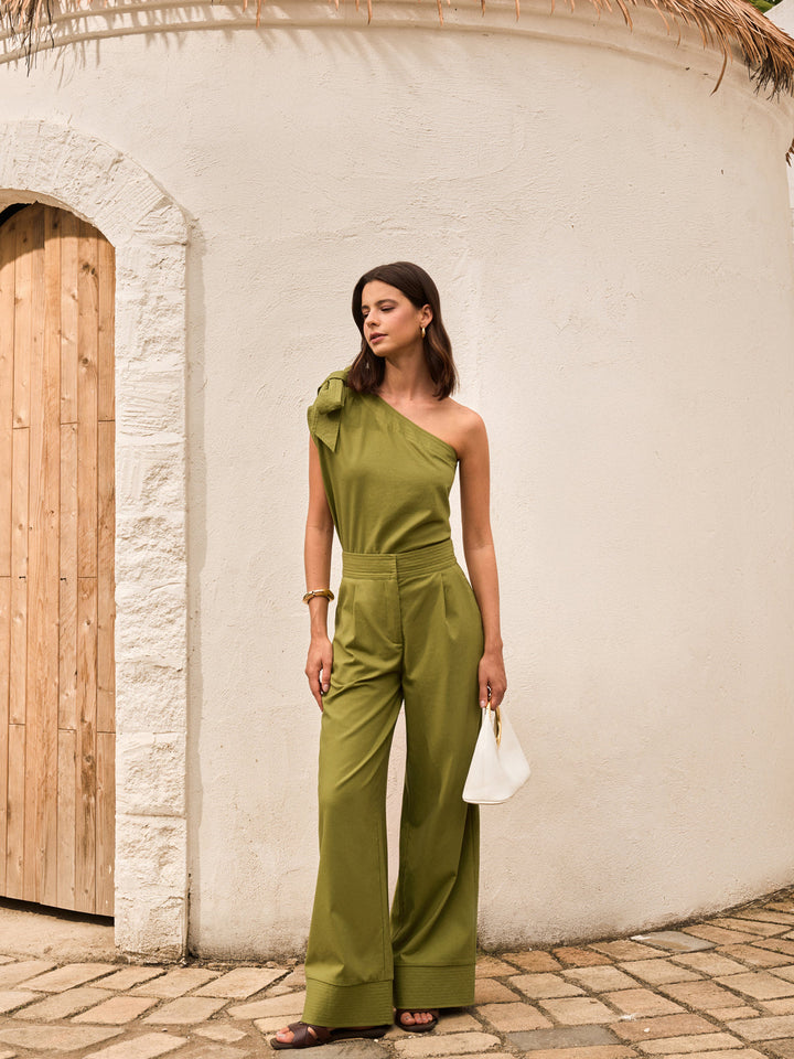 Baumwoll- & Leinen-One-Shoulder-Oberteil mit Hose Set