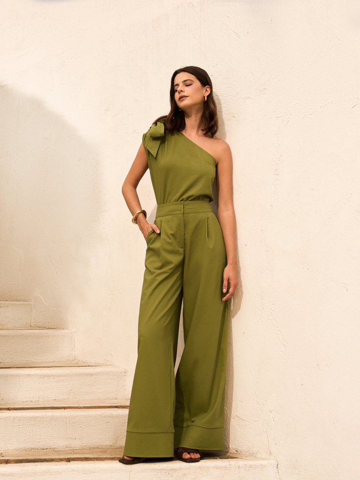 Baumwoll- & Leinen-One-Shoulder-Oberteil mit Hose Set