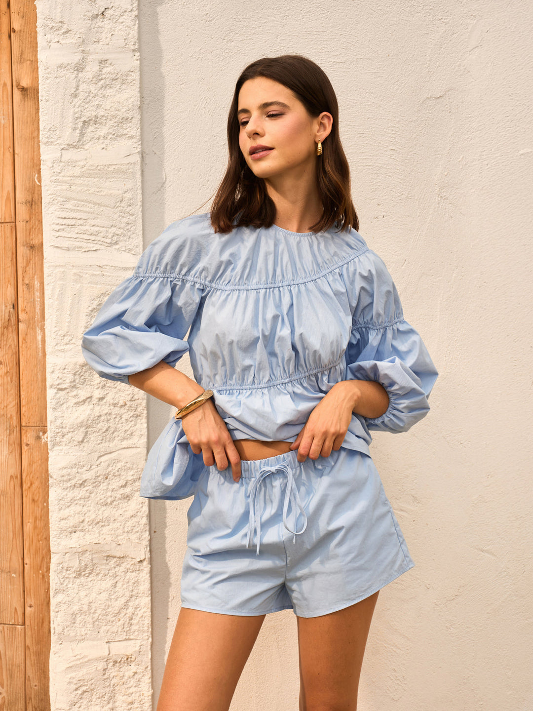 Baumwollmischung mit Puffärmeln Oberteil und Shorts-Set