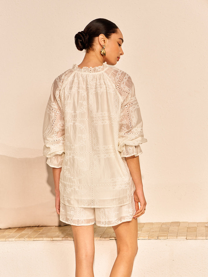 Stickerei-Detail-Langarm-Shorts-Set