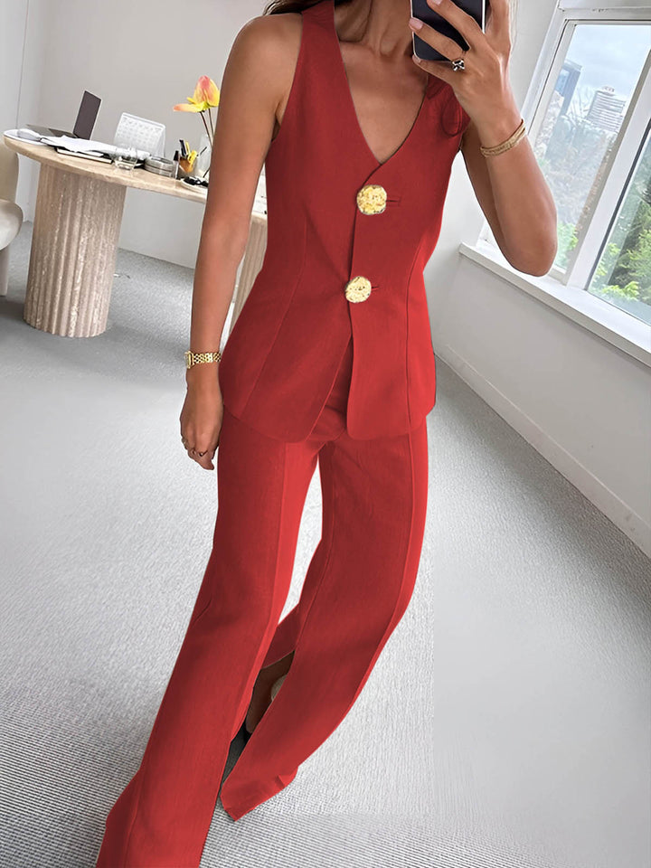Button Split Ärmellose Hosen Set