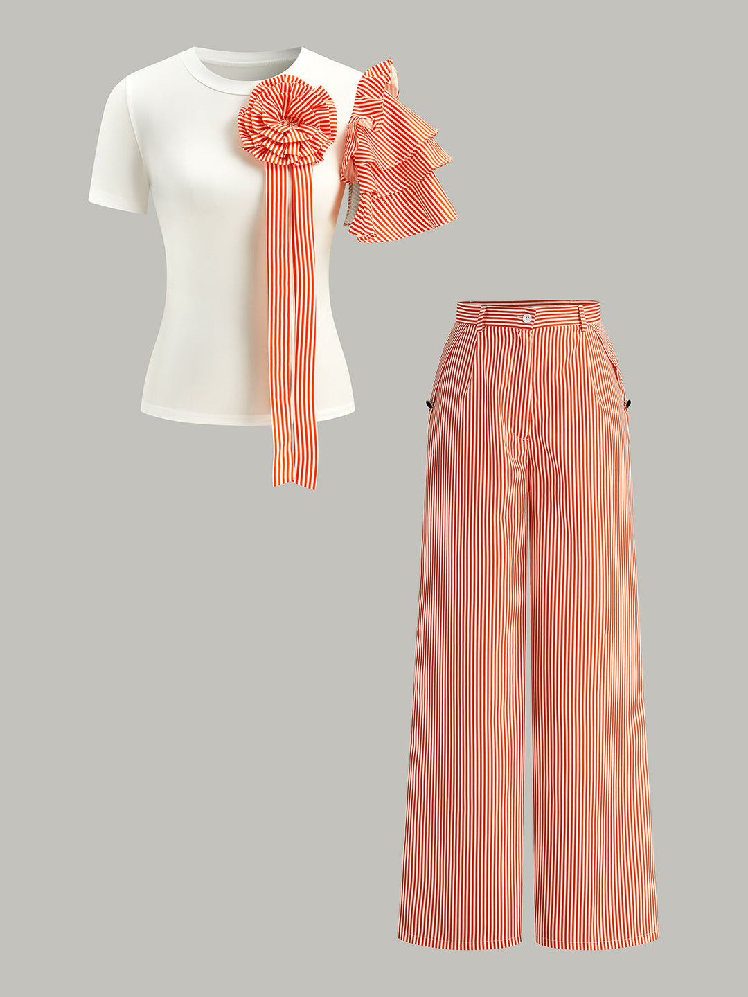 Gestreifte Rosetten-Detail-Oberteil mit Hose Set