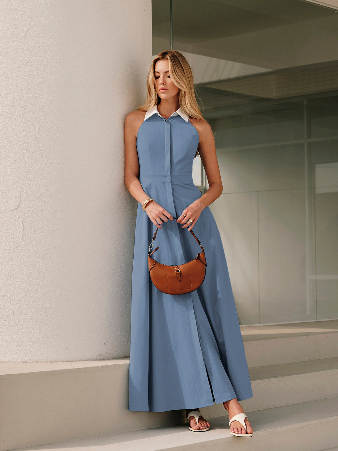 Knopf Ärmelloses Kleid mit Kragen