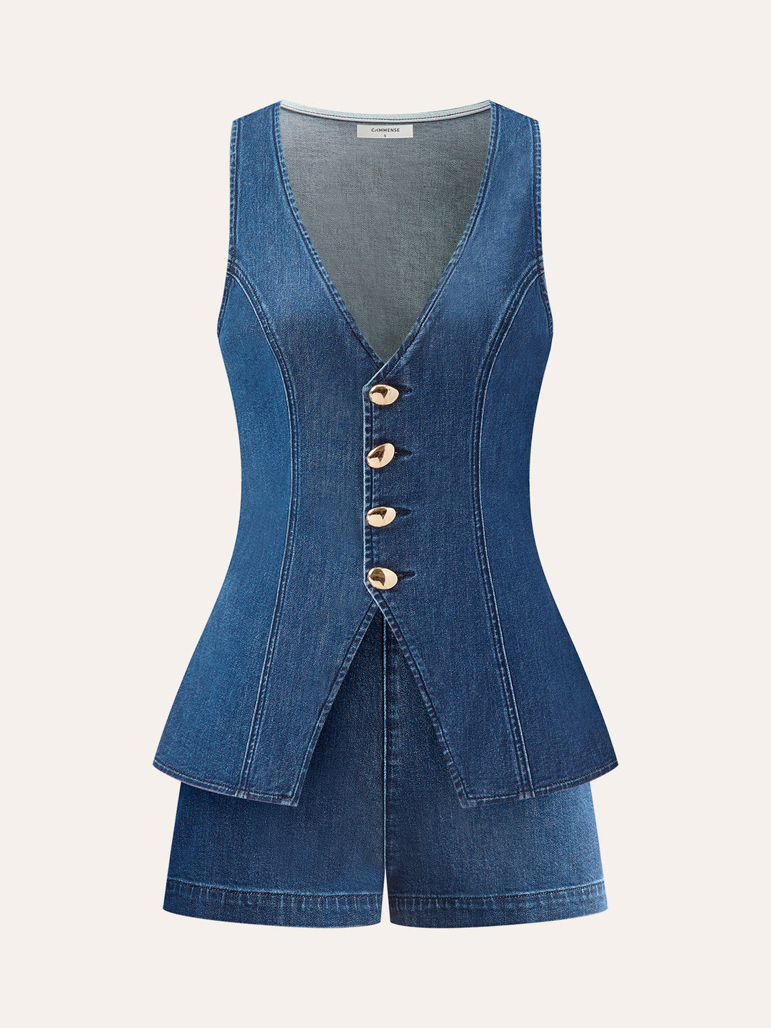 Denim-Shorts-Set mit V-Ausschnitt und Metallknopf-Bindeband
