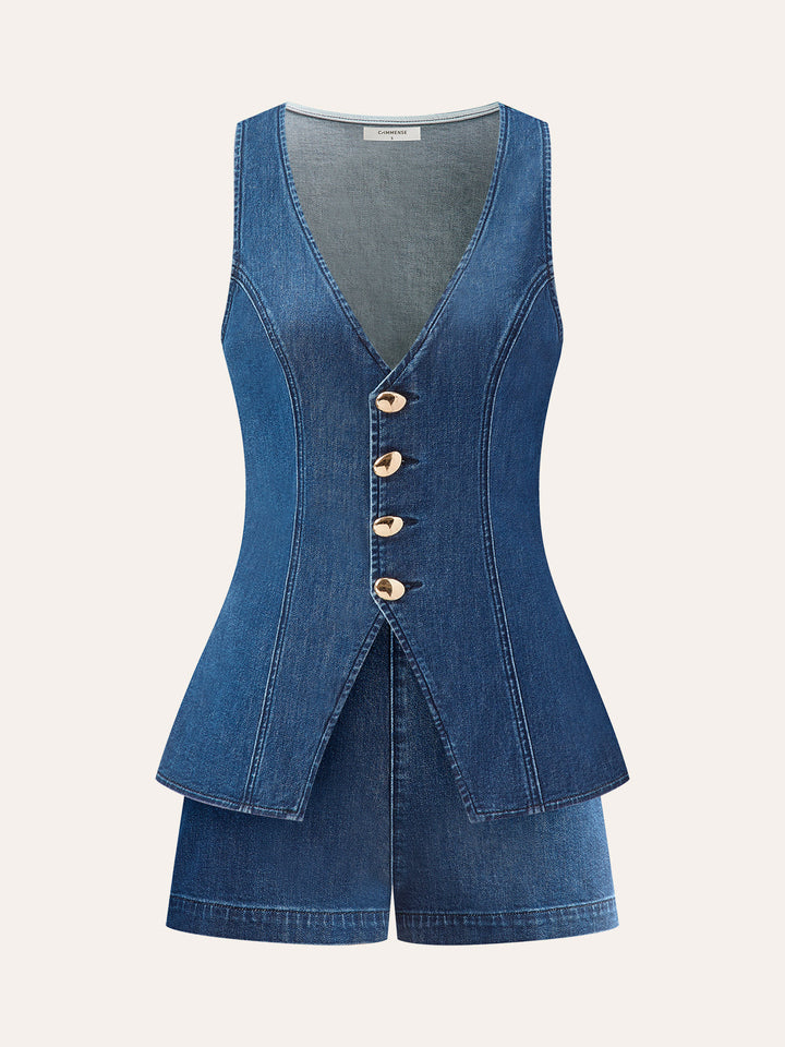 Denim-Shorts-Set mit V-Ausschnitt und Metallknopf-Bindeband