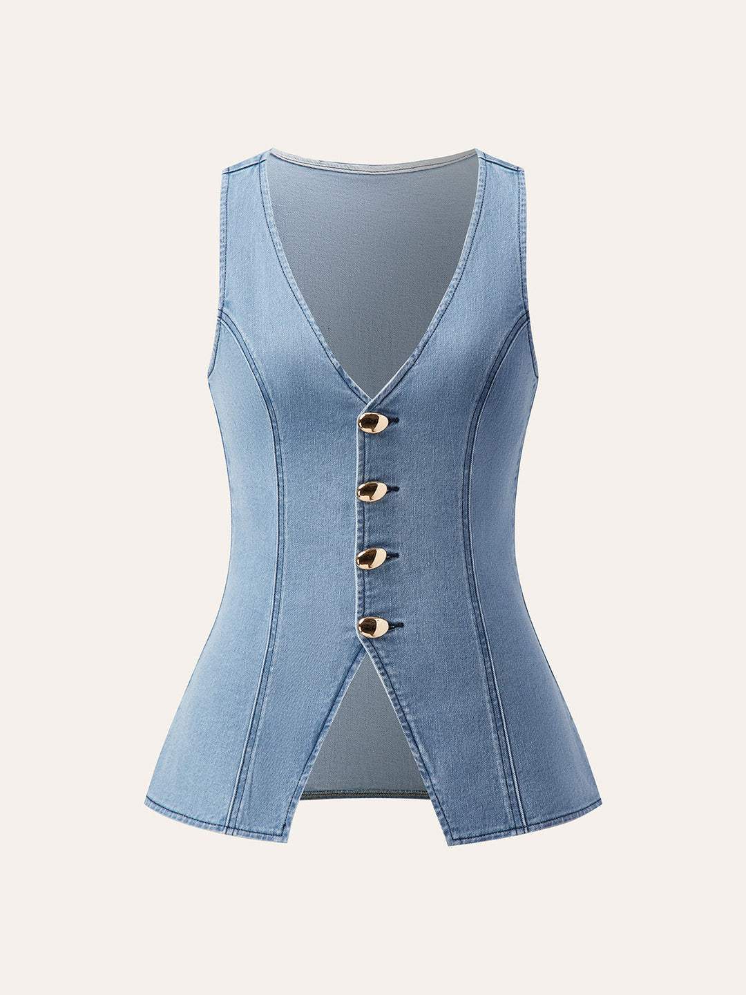 Denim-Shorts-Set mit V-Ausschnitt und Metallknopf-Bindeband