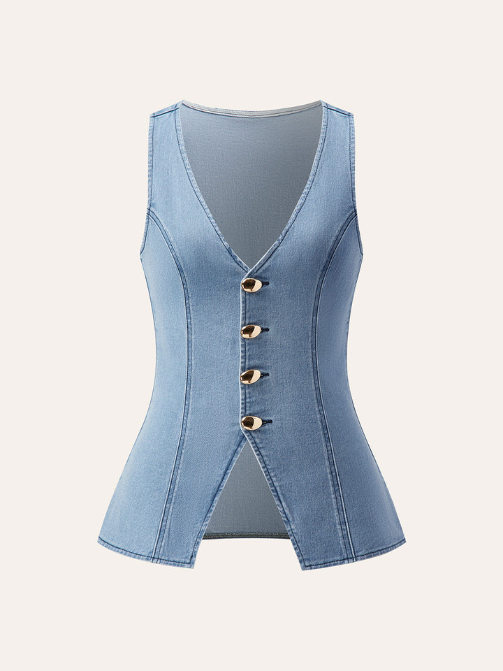 Denim-Shorts-Set mit V-Ausschnitt und Metallknopf-Bindeband