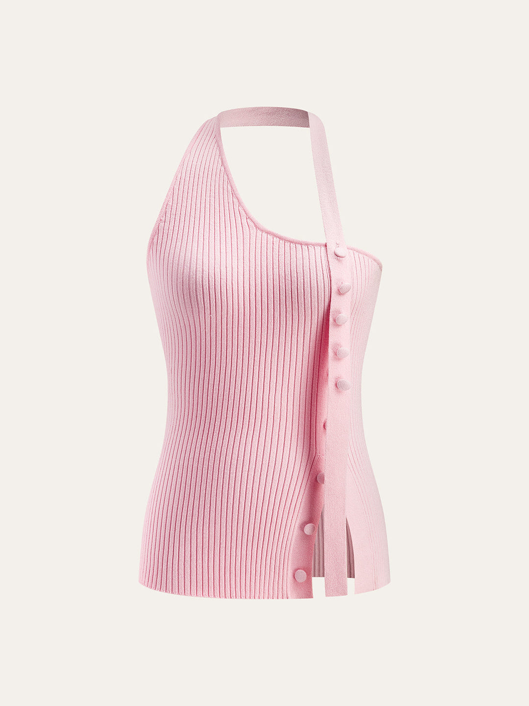 Asymmetrisches Neckholder-Strickoberteil mit Knöpfen