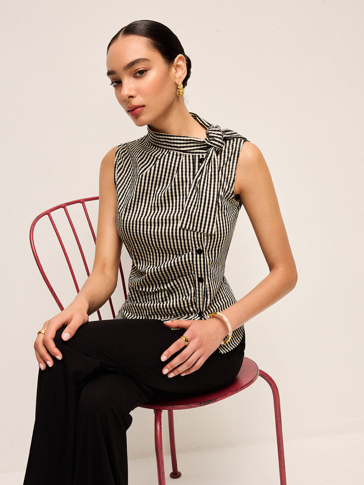 Asymmetric Neck Gingham Button Top