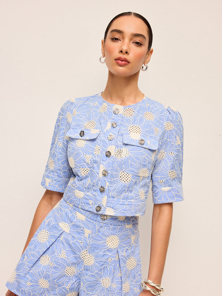 Floral Bestickte Knopfleisten-Cropped-Top