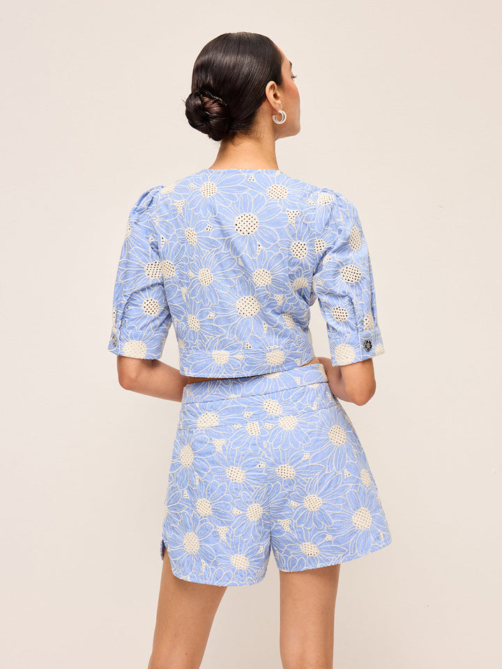 Floral Bestickte Knopfleisten-Cropped-Top