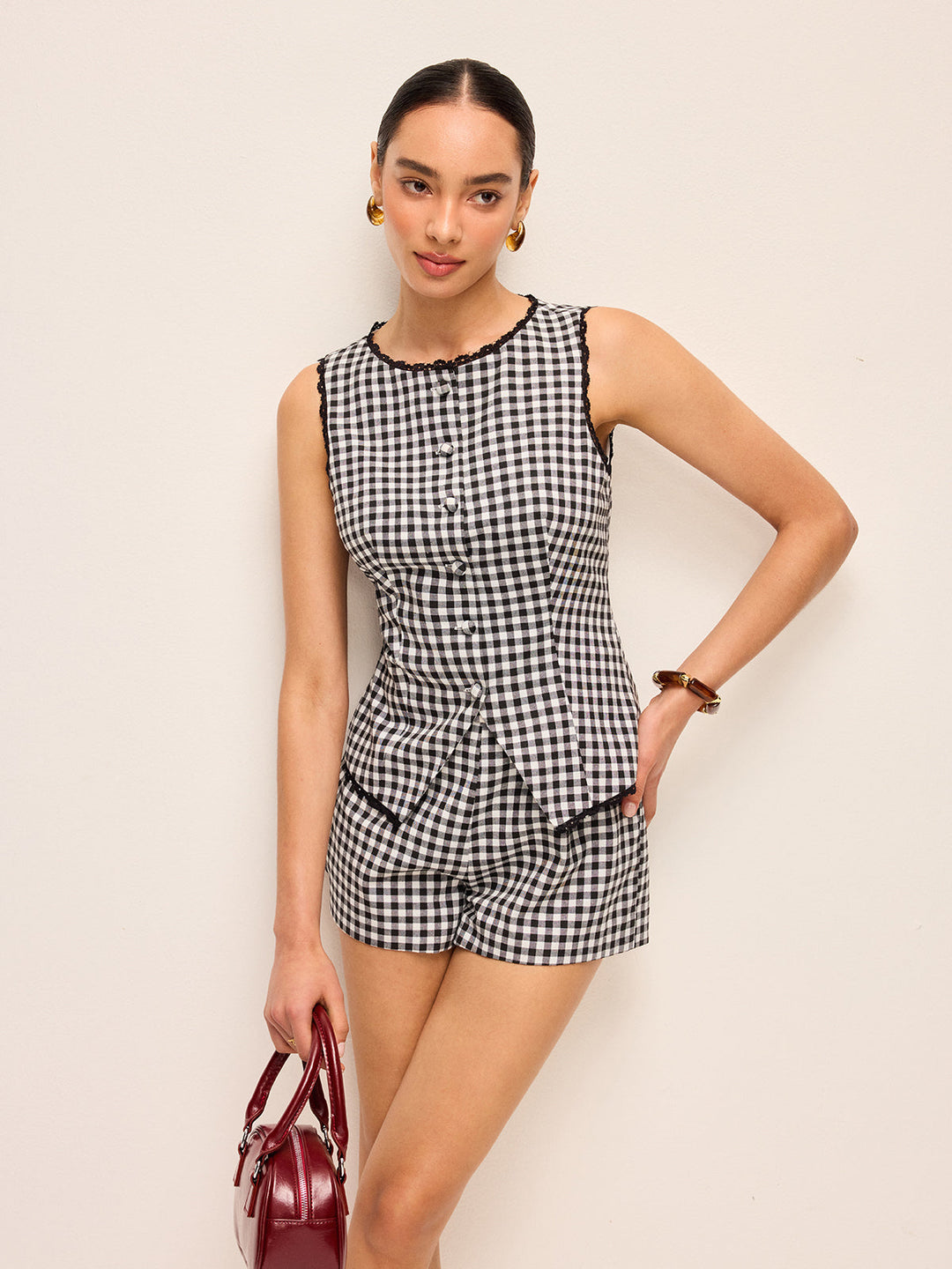 Gingham-Ärmelloses Hemdkleid mit durchgehender Knopfleiste, Kontrastbesatz und Gürtel