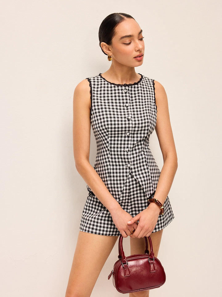 Gingham-Ärmelloses Hemdkleid mit durchgehender Knopfleiste, Kontrastbesatz und Gürtel