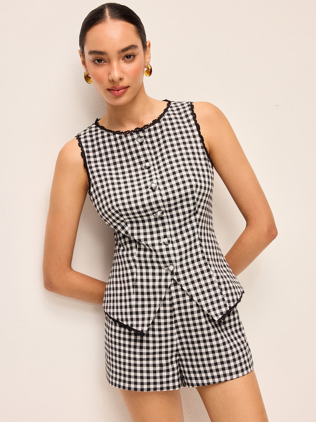 Gingham-Ärmelloses Hemdkleid mit durchgehender Knopfleiste, Kontrastbesatz und Gürtel