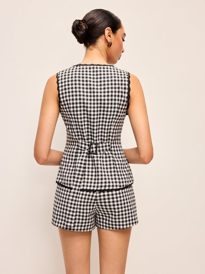Gingham-Ärmelloses Hemdkleid mit durchgehender Knopfleiste, Kontrastbesatz und Gürtel